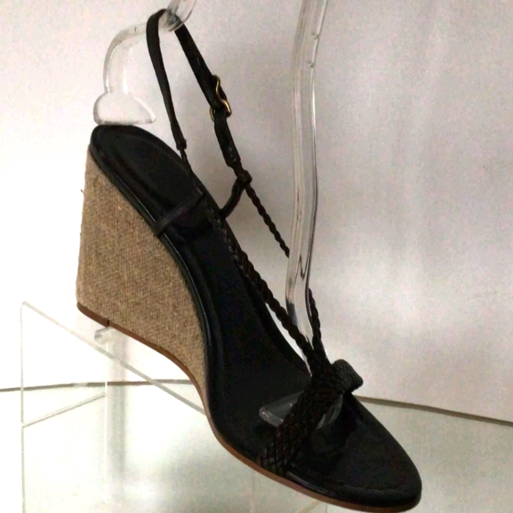 JCREW Woven Leather Straps Burlap Wedge Sandals